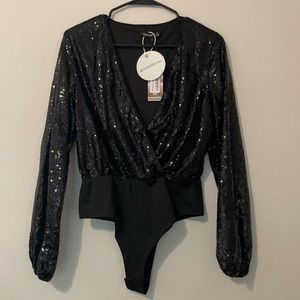 Black sequin boohoo long sleeve wrap bodysuit